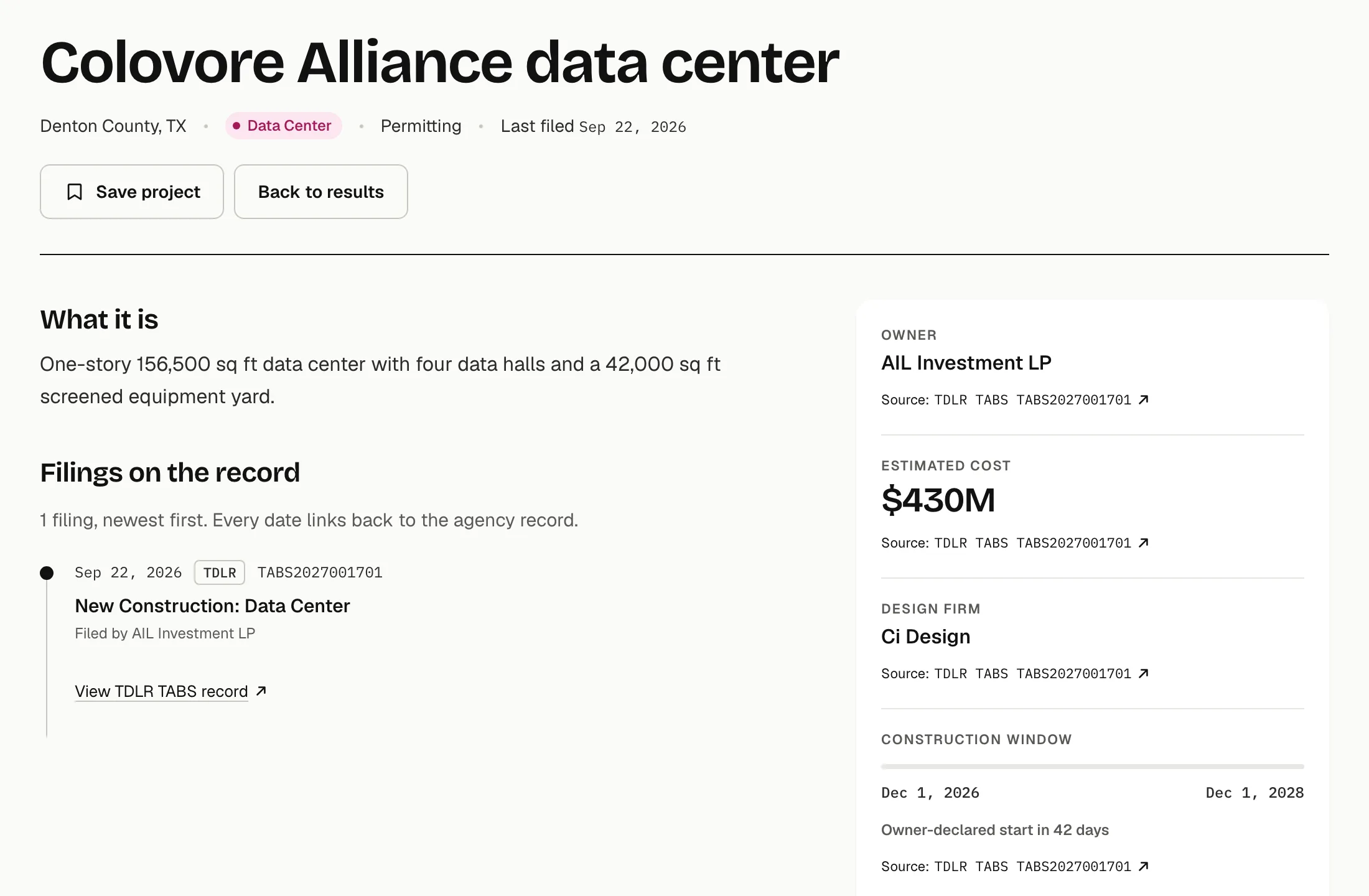 A project page in the database: key facts such as cost, owner and design firm, each with a link to the filing that states it, and the filing history.