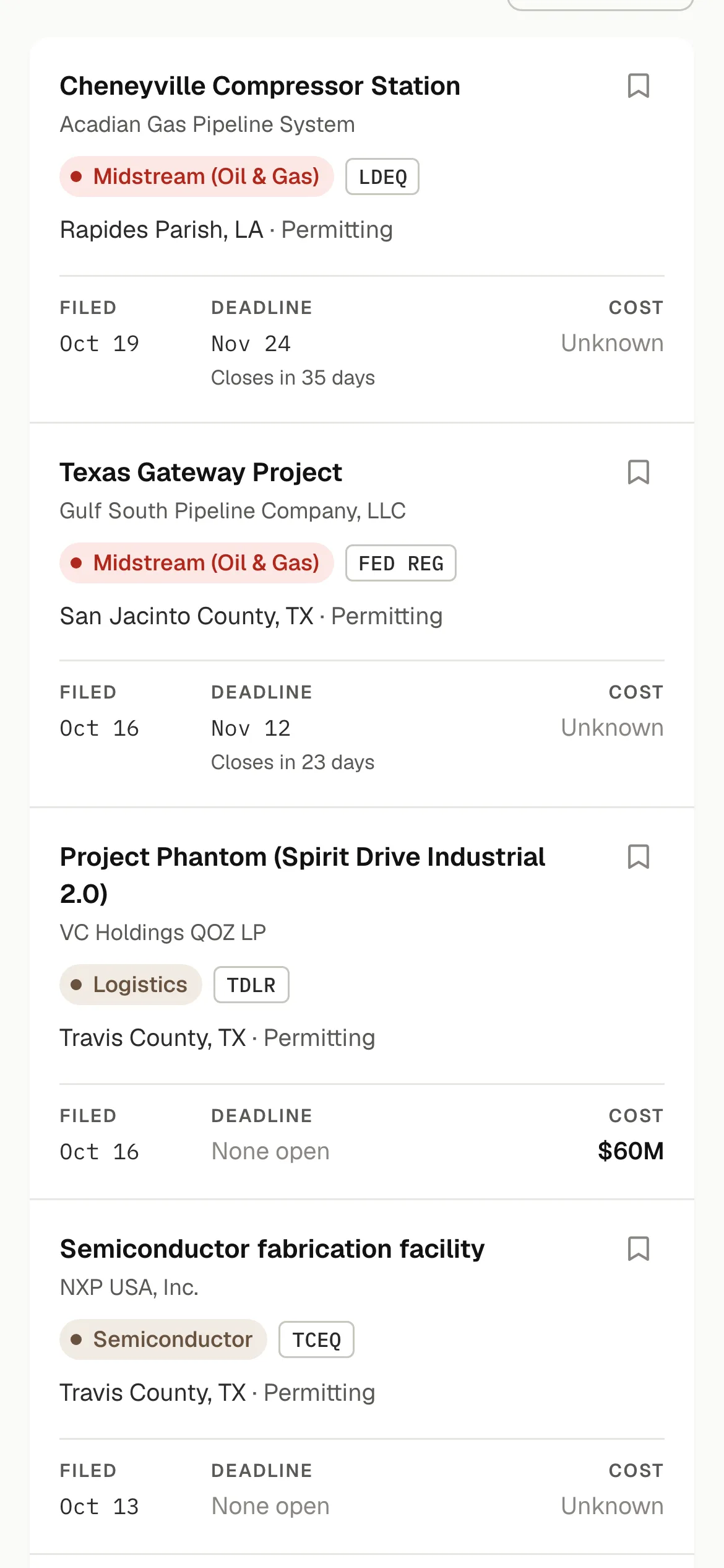 The database on a phone: the same projects as cards with agency, filing date and deadline.